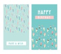 Happy birthday greeting card set and party invitation templates, with ice cream, donut and muffin patterns. birthdy