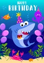 Happy Birthday Greeting Card With Shark, Octopus, Fish And Cartoon Sea Elements. Baby Shark Birthday Greeting Card Template. Shark