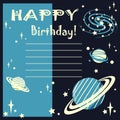 Happy birthday greeting card with space elements on dark blue bakground