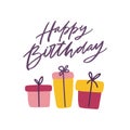 Happy Birthday greeting card template with festive lettering handwritten with stylish cursive font and row of gift or Royalty Free Stock Photo