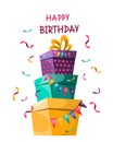 Happy birthday greeting card template with gift boxes.Vector illustration for a website, banner. Royalty Free Stock Photo
