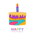 Happy Birthday greeting card template with papercut multi color cake. Birthday congratulation text. Paper art in a shape