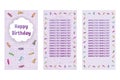 Happy Birthday greeting card. Three different vector patterns. Postcard in lilac colors with a candy.