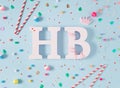 Happy birthday greeting card. Very vibrant, colorful, playful and optimistic flat lay birthday card. Party props, happy scene