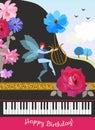 Happy birthday greeting card in vintage style. Black grand piano, winged elf with lire in shape of cosmos flower, spring landscape