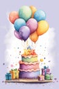 Happy birthday greeting card in watercolor style with festive cake, gifts and balloons. Watercolor Birthday invitation Royalty Free Stock Photo