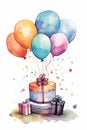 Happy birthday greeting card in watercolor style with festive cake, gifts and balloons. Watercolor Birthday invitation Royalty Free Stock Photo