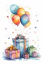 Happy birthday greeting card in watercolor style with festive gifts and balloons. Watercolor Birthday invitation Royalty Free Stock Photo