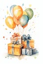 Happy birthday greeting card in watercolor style with festive gifts and balloons. Watercolor Birthday invitation Royalty Free Stock Photo