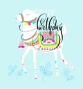Happy birthday greeting card, white llama on blue background