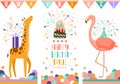Happy birthday greeting cards. Doodle cute animals vector illustration