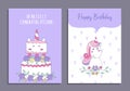 Happy Birthday greeting cards set with unicorn cake and cute unicorn