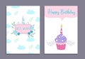 Happy Birthday greeting cards set with unicorn cake and cute unicorn