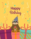 Happy Birthday greeting templates. Invitation cards to the party. Vector banner with cute small sloth and gifts