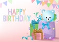 Happy birthday greeting text vector design. Birthday gifts with teddy bear surprise present Royalty Free Stock Photo