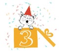 Happy Birthday greetings cards hand drawn with a cute cat created with black ink pens for loving party