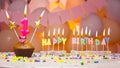 Happy birthday greetings to a 1 year old baby in pink colors. Candle letters happy birthday for one year old baby with pink Royalty Free Stock Photo