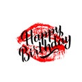 Happy Birthday hand drawn brush calligraphy lettering with red lipstick kiss isolated on white. Imprint of the lips. Easy to edit Royalty Free Stock Photo