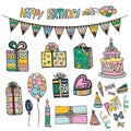 Happy Birthday hand drawn decorations. Doodle vector set with cakes, gift boxes and other party elements Royalty Free Stock Photo