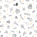 Happy Birthday. Hand drawn party seamless pattern. Cute doodle background. Birthday theme Royalty Free Stock Photo