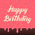 Happy birthday hand lettering on cake glaze background.