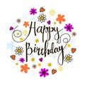 100_Happy Birthday Lettering Seasonal Banner Postcard Design with Blooming Flowers and leaf