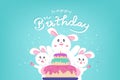 Happy Birthday and Happy Easter, cute rabbit with big cake, confetti celebrate party, Kawaii style, animals cartoon characters Royalty Free Stock Photo