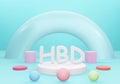 Happy birthday HBD character words 3d rendering geometric design letter font for greeting card or postcard on a blue background