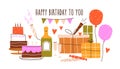 Happy Birthday, holiday card design. Bday celebration decorations, anniversary cake, champagne, gift boxes, festive