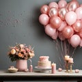 Happy birthday holiday party background decoration with cake balloons and gifts pink color