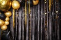 Happy birthday holiday. Party time. Shiny gold, black balloons.