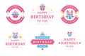 Happy birthday holiday pink vintage emblem and badge set for greeting card design vector flat Royalty Free Stock Photo