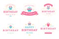 Happy birthday holiday pink vintage label and badge set for greeting card vector flat illustration Royalty Free Stock Photo