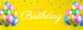 Happy birthday horizontal banner design with colorful balloons and confetti on yellow background Royalty Free Stock Photo