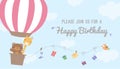 Hot air balloon birthday card template vector/illustration,Birthday greeting cards with cute animals.