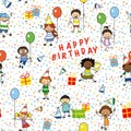 Happy birthday illustration, seamless pattern - kids on birthday party wrapping paper Royalty Free Stock Photo