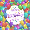 Happy Birthday inscription with colorful air balloons, confetti and stars. Design for greeting cards, party invitation Royalty Free Stock Photo