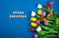 Happy birthday the inscription in wooden letters. Mix of spring tulips flowers. Background with flowers tulips close-up Royalty Free Stock Photo