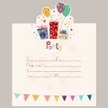 Happy Birthday Invitation.Birthday greeting card with gifts and balloons Royalty Free Stock Photo