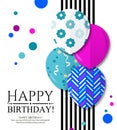 Happy Birthday invitation card with colorful patterned balloons in flat style.