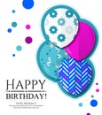 Happy Birthday invitation card with colorful patterned balloons in flat style. Vector.