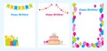 Happy birthday and invitation cards with cake, candles, gift boxes, balloons and garlands. Colorful vector illustration Royalty Free Stock Photo