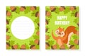 Happy Birthday Invitation Or Greeting Card Template With Cute Funny Squirrel Character Vector Illustration
