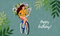 Happy Birthday. Isolated cute smiling girl on a bicycle with a basket of wild flowers. Horizontal Vector illustration