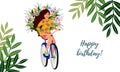 Happy Birthday. Isolated cute smiling girl on a bicycle with a basket of wild flowers on a white background. Vector illustration