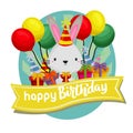 Happy birthday label with rabbit balloon