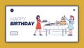 Happy birthday landing page design with female cartoons decorating table with sweets and cake