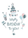 Happy Birthday lettering B-day cake with candles greeting card clipart