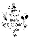 Happy Birthday lettering B-day cake with candles greeting card clipart