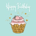 Happy birthday lettering and hand drawn cupcake. Greeting card, poster, typographic design, print. Illustration Royalty Free Stock Photo